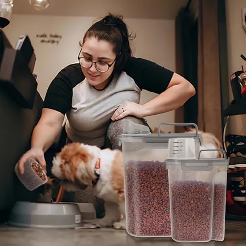 LEAWALK 3+5LBS 2Pack Cat Dog Food Storage Container Upgraded Large Nozzle BPA-free, Plastic Pet Food Containers, With 4 Sealed Clasps/1 Measuring Cup/Handle Easy Clean and Carry (Clear Grey) - Image 7