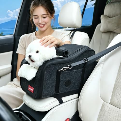 Center Console Small Dog Car Seat,Portable Pet Cat Puppy Booster Armrest Carseat Up to 11lbs,Equipped with a Breathable Protective Cover Net to Prevent Escape with Washable Fluffy Cushion and Pillow by loapooet