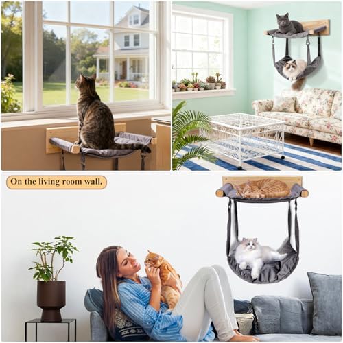 JSPYFITS Wooden Cat Furniture Wall Mounted, Double Layer Hammock, Large Size 18.9″ Removable Multi-Function Cat Bed for Sleep/Play/Climb, Kitten Window Perch, Easy DIY Installation(Grey) - Image 5