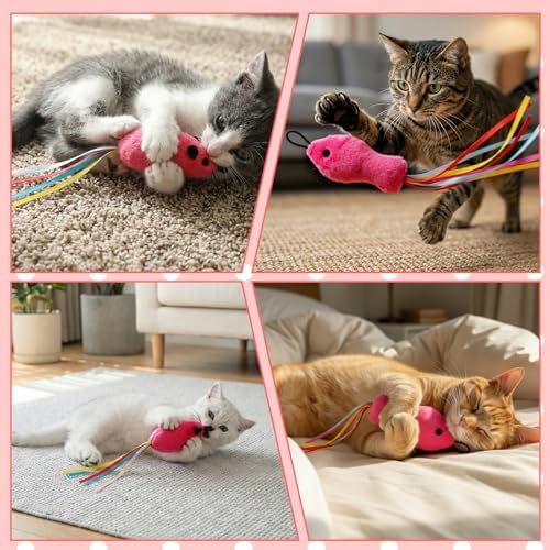 6 Pcs Catnip Cat Fish and Mice Toys, Cat Ribbon Toy Pink Cat Mouse Toy Cute Cat Feather Wand Accessories Interactive Cats Toys for Indoor Cats Kitten Play Exercise Chew - Image 6