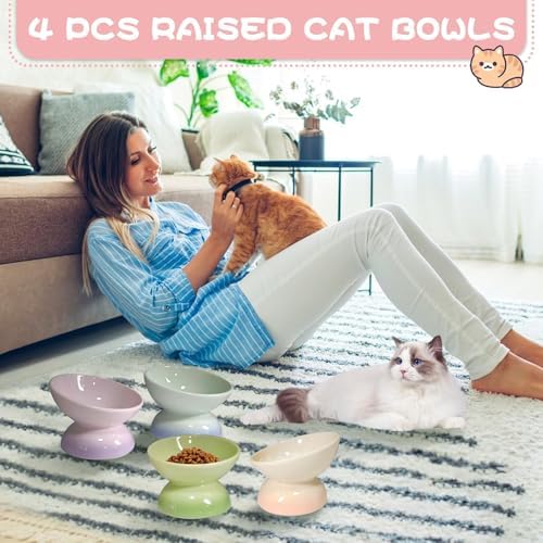 kathson 4 Pcs Ceramic Raised Cat Bowls, Elevated Tilted Cat Food Bowl, Anti Vomiting Pet Food Bowl, Colorful Porcelain Pet Feeder Dish for Cats and Small Dogs, Stress Free(Blue,Green,Purple,Pink) - Image 6
