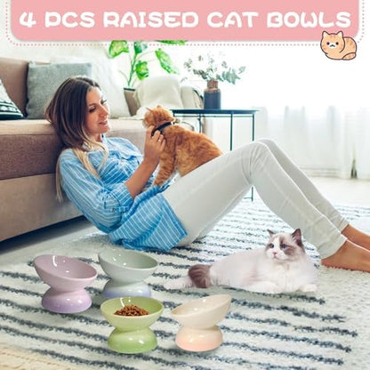 kathson 4 Pcs Ceramic Raised Cat Bowls, Elevated Tilted Cat Food Bowl, Anti Vomiting Pet Food Bowl, Colorful Porcelain Pet Feeder Dish for Cats and Small Dogs, Stress Free(Blue,Green,Purple,Pink) - Image 6