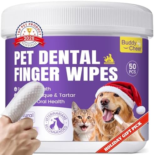 No-Rinse Dog Dental Care Wipes, Cat & Dog tooth brushing kit, Dog Wipes for Pet & Cat Teeth Cleaning, Dog toothbrush Finger Dental Wipes to Remove Plaque & Tartar, Disposable Dog Wipes - 50 Count by BuddyCheer