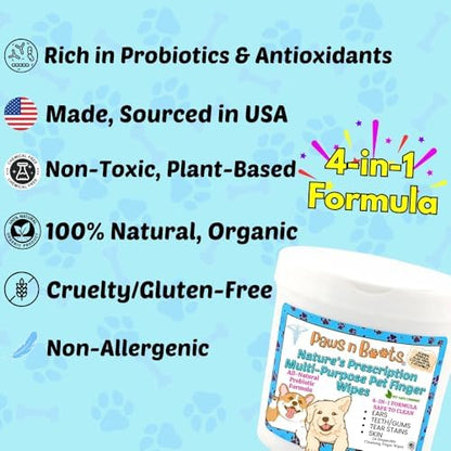 Pet Wipes - Multi-Purpose Finger Wipes to Cleanse Ears, Freshen Breath, Whiten Teeth, Soothe Skin and Tear Stain Removal. Pre-Formulated with 100% Natural, Plant-Based, Safe, & Beneficial Ingredients. - Image 2
