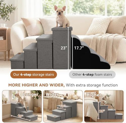 Zerbuger Dog Stairs with Storage, Grey 4 Steps Dog Ramp no Condo for Bed - Image 4