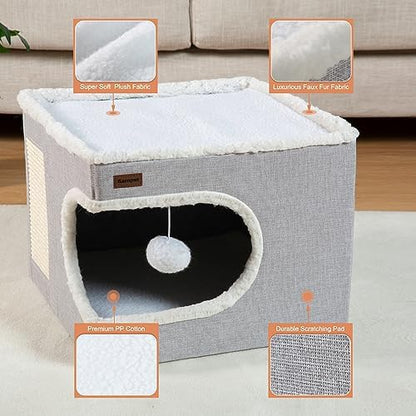Garnpet Cat Bed for Indoor Cats Cube House, Covered Cat Cave Beds & Furniture with Scratch Pad and Hideaway Tent, Cute Modern Cat Condo for Multi Small Pet Large Kitten Kitty, Large, Grey - Image 5