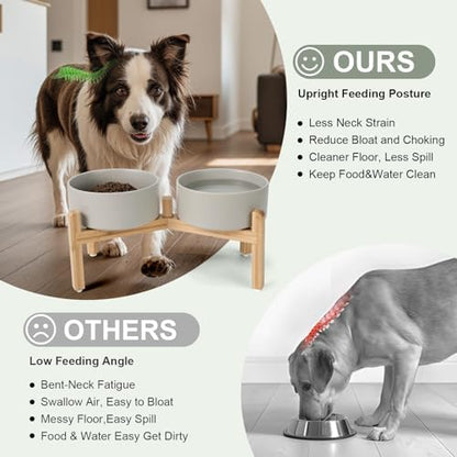 SPUNKYJUNKY Elevated Dog Bowls Ceramic, 7.3'' Dogs Food Water Bowls Raised with Non-Slip Bamboo Stand for Medium to Large Sized Breed Microwave Dishwasher Safe - 42 OZ,Grey - Image 3