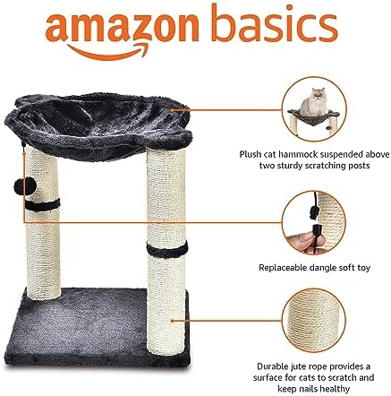 Amazon Basics Sturdy Cat Condo Tower with Hammock Bed and Scratching Posts, Interactive Hanging Ball Toy for Indoor Cats, 15.8" x 15.8" x 19.7", Gray - Image 2