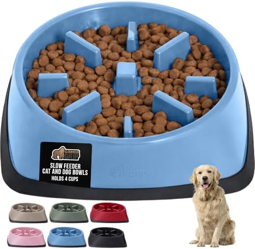 GORILLA GRIP® Patented Slow Feeder Dog and Cat Bowl, BPA Free, 4 Cup Blue by GorillaGrip