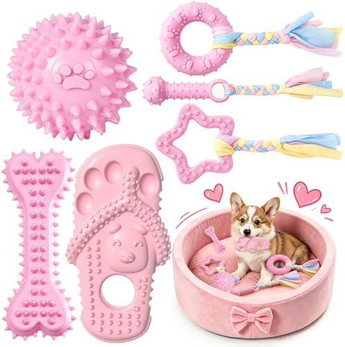 Puppy Chew Toys 6 Pack for Small Dogs, Teething Toys for Puppy Easy Clean Rubber Bone Star Stick Donut Slipper Spiky Ball Set for Small Breed Teething Relief (Dogbed not Included) by TENGZHI