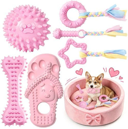 Puppy Chew Toys 6 Pack for Small Dogs, Teething Toys for Puppy Easy Clean Rubber Bone Star Stick Donut Slipper Spiky Ball Set for Small Breed Teething Relief (Dogbed not Included) by TENGZHI
