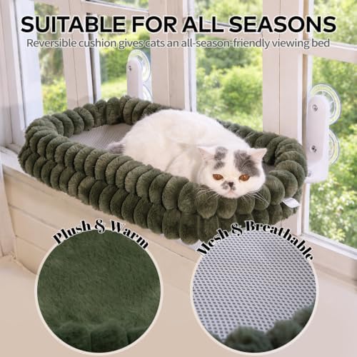 CHEERPALS Cat Window Perch for Indoor Cats Hammock for Window with Reversible Cushion, Foldable Cat Window Bed for Large Cats and Kittens, Cloud Series(Green,Medium) - Image 2