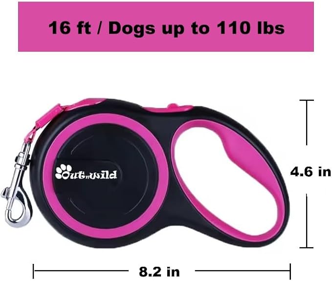 OUTnWILD Retractable Dog Leash, 16 ft Heavy Duty Dog Leash for Large Breeds/Pets Up to 110 lbs, 360° Tangle Free Design with One Touch Quick-Lock Braking System & Anti-Slip Handle. (Pink, L)