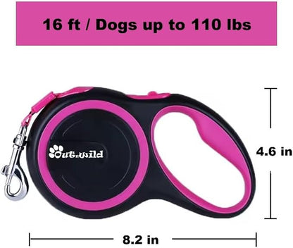OUTnWILD Retractable Dog Leash, 16 ft Heavy Duty Dog Leash for Large Breeds/Pets Up to 110 lbs, 360° Tangle Free Design with One Touch Quick-Lock Braking System & Anti-Slip Handle. (Pink, L)