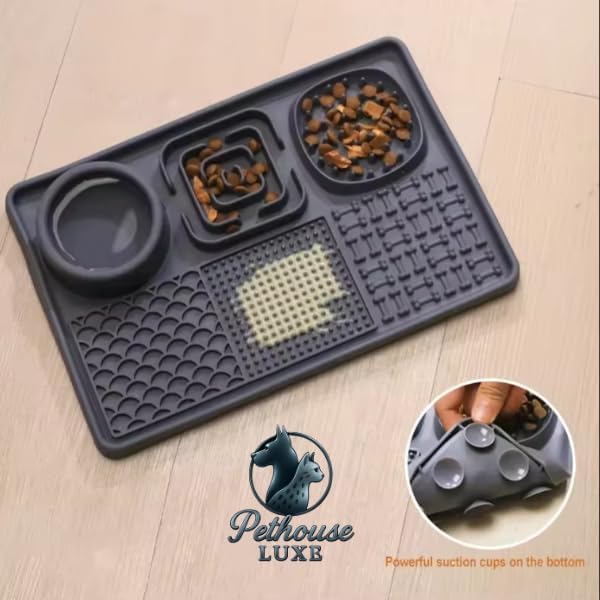 Silicone Dog & Cat Lick Mat with Suction Cups – Anxiety Relief, Slow Feeder, Enrichment Toy for Bath & Grooming (Grey)