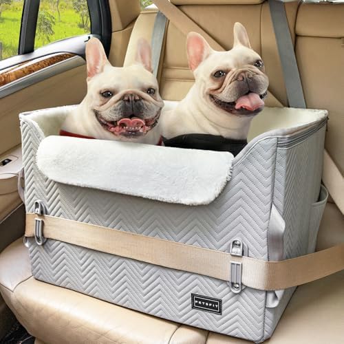 PETSFIT Dog Booster Car Seat, Waterproof PU Leather Car Seat for Dogs with Patented Safe Buckles, 2 Clip-On Safety Leashes, Suitable for 2 Small Dogs or a Medium Dog (Medium, Grey) by Petsfit