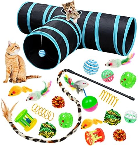 Malier Collapsible Cat Tunnels & Toys Set, Interactive Kitty Toys - Kitten & Cat - Feathers, Mouse, Crinkle Balls, 3-Way Tube Tunnel for Indoor Play by Malier
