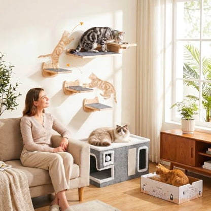 PatiencET Wall Mounted Shelves Cat Feeding Station with 3 Steps and 2 Bowls - Image 6
