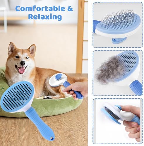 7pcs Pet Grooming Kit, Self-Cleaning Brush Shedding Kit with Nail Clipper, Flea Comb, Shampoo Bath Brush, Finger Toothbrush, Storage Bag (Blue) - Image 2