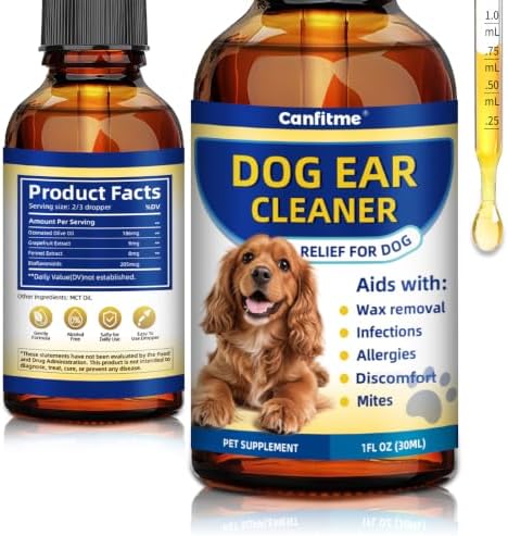 Dog Ear Cleaner, Dog Ear Drops for Infection Treatment, Natural Herbal Ear Cleaning Solution for Itching, Irritation & Wax Build-Up, Gentle Cleaning - 1 Oz Bottle with Dropper by Canfitme