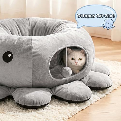 Cat Tunnel Bed for Indoor Cats, Peekaboo Cat Cave Bed, Grey - Image 3
