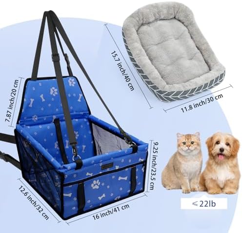 Dog Car Seat Foldable Dog Car Booster Seat Waterproof Breathable Oxford Travel Bag for Small to Medium Dogs, Puppies, and Pets-Pattern Blue+Mat - Image 2