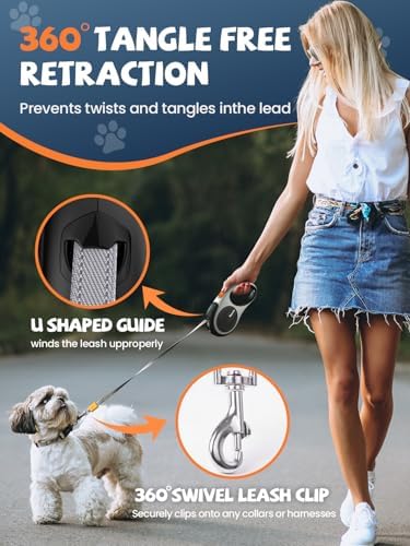 Retractable Dog Leash with LED Flashlight, Douexio Upgrade 3 in 1 Dog Leash Retractable for Small Medium Dogs Up to 66 lbs, 16ft, Anti-Slip Handle (Black-White) - Image 5