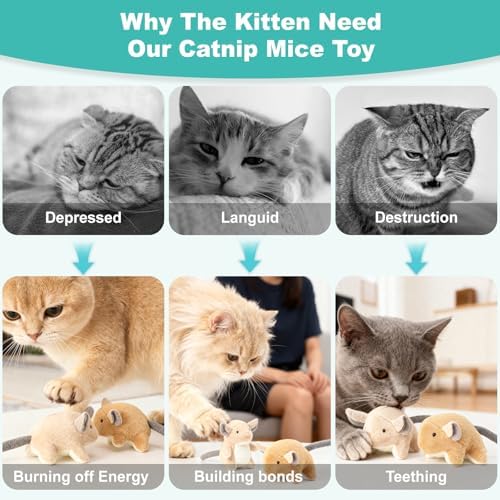Plush Catnip Mice Toys with Rattle Sound- 2 Pcs Interactive Cat Toys for Indoor Cats, Durable Stress Relief Eco-Friendly Small Mouse Chew Playthings（with Catnip Bag - Image 4