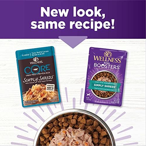Wellness Bowl Boosters Simply Shreds Wet Dog Food Topper for Small, Medium, and Large Breeds, Grain Free, Natural, Tuna, Beef, and Carrots Recipe, 2.8 oz, Pack of 12 Pouches - Image 3