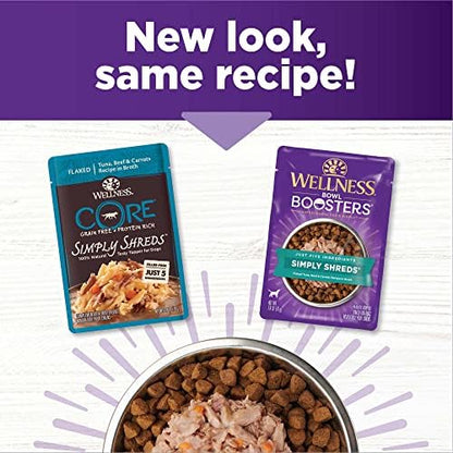 Wellness Bowl Boosters Simply Shreds Wet Dog Food Topper for Small, Medium, and Large Breeds, Grain Free, Natural, Tuna, Beef, and Carrots Recipe, 2.8 oz, Pack of 12 Pouches - Image 3