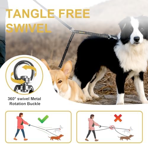 MingXpet 2 Dog Leash, Dog Leash for 2 Dogs, 360° Swivel No Tangle Double Walking Training Leashes for Large Dogs that Pull, Comfortable Shock Absorbing Reflective Bungee, Black - Image 4