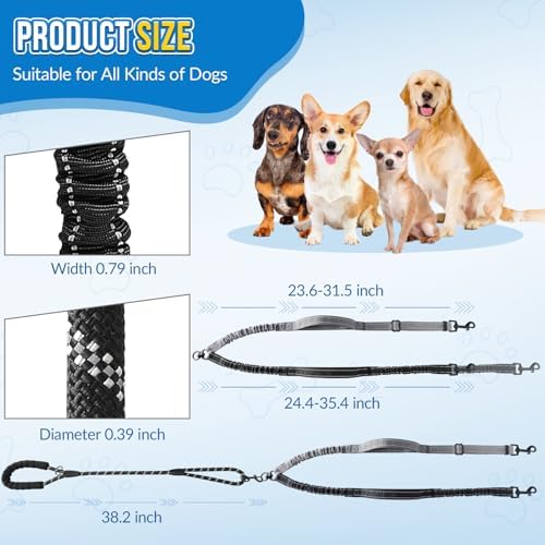 AUTOWT Double Leash for Two Dogs, No Tangle 360° Swivel Dual Dog Leashes with 4 Handles, Super Lightweight for Puppy, Reflective Adjustable Strap and Shock Absorbing Bungee - Image 6