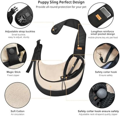 Cuby Pet Sling Carrier for Small Dogs Cats,Drawstring & Zipper Security Hook Triple Design for Pets' Securty Dog Bag,Breathable Travel Puppy Sling Carrier with Adjustable Strap(Beige,L(10-14 lbs)) - Image 4