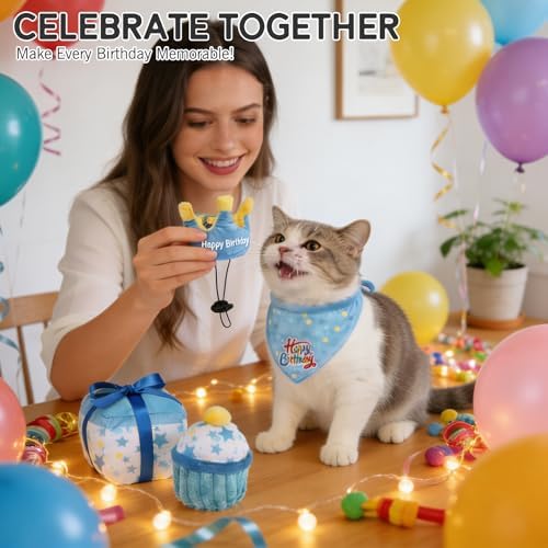 Cat Birthday Decorations Catnip Toys for Indoor Cats,4 Pack Cat Birthday Party Supplies with Birthday Hat,Bandana,Cake & Gift Box Interactive Plush Kitten Toys Filled with Crinkle Paper,Catnip - Image 2