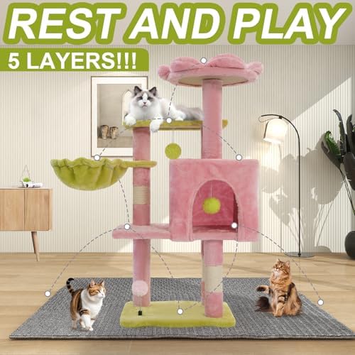 Cat Tree Tower with Hammock,40" Cat Trees for Indoor Cats Large Adult(Pink) - Image 2