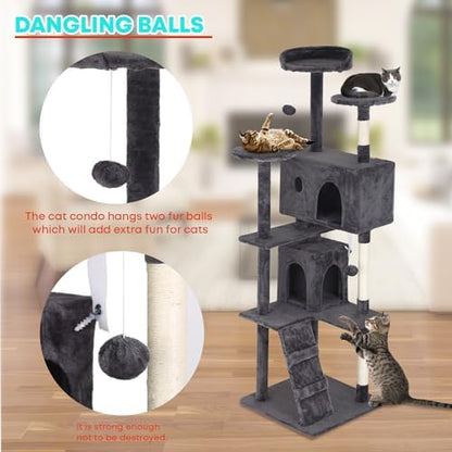 FDW | 70" Cat Tree Tower | Light Gray | Multi-Level Indoor Activity Center with Sisal Scratching Posts, Condos, Plush Perches, Hanging Cat Toys | Sturdy, Easy to Assemble | for Kittens & Adult Cats - Image 3