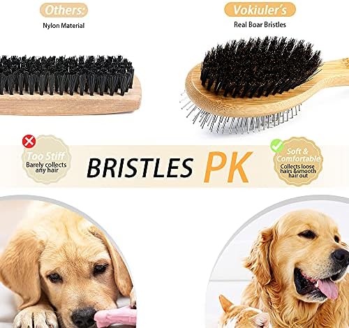 Dog Brush Cat Brush, Vokiuler Double Sided Bristle and Pin Pet Brush for Dog Grooming, Real Boar Bristle Shedding Brush with Bamboo Handle for Long Short Hair, 2 Pack Dog Comb, Black - Image 4