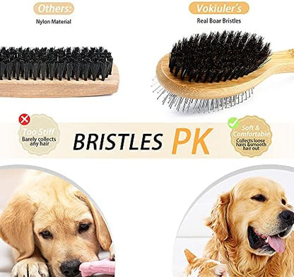 Dog Brush Cat Brush, Vokiuler Double Sided Bristle and Pin Pet Brush for Dog Grooming, Real Boar Bristle Shedding Brush with Bamboo Handle for Long Short Hair, 2 Pack Dog Comb, Black - Image 4