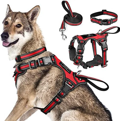 WINSEE Pet Harness Collar and Leash Set, All-in-one Reflective Dog Harness No Pull with Adjustable Buckles for Puppies, Small, Medium, Large, and Extra-Large Dogs (X-Large, Red) by WINSEE