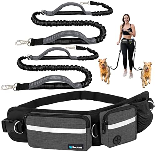 PetAmi Hands Free Dog Leash, Dog Running Leash Belt Bag for Walking, Jogging, Dog Waist Double Zipper Pouch with Poop Bag Dispenser, Dual Padded Handles Reflective Bungee Leash, Double (Charcoal Grey) by PetAmi