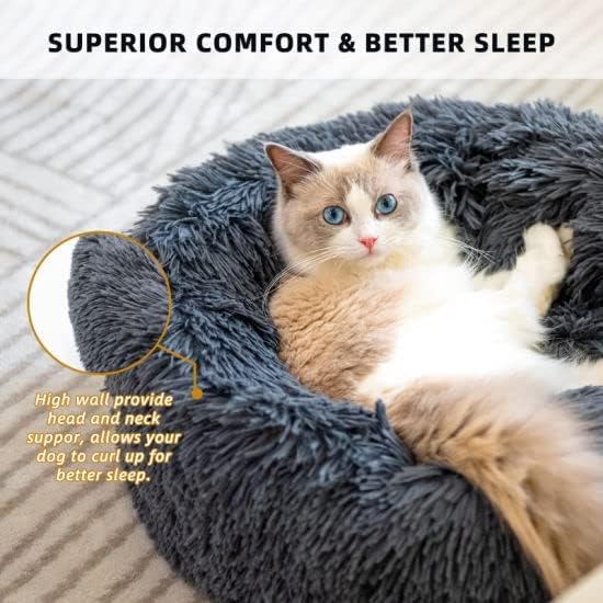 Cat Beds for Indoor Cats - Small Dog Bed Washable 24 inches, Anti Anxiety Round Fluffy Plush Faux Fur Pet Bed, Thick Bottom (Dark Grey, Large 24" L x 24" W)