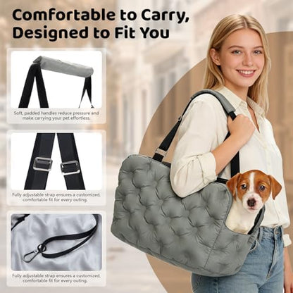 Dog Purse Carrier for Small Dog Cats, Soft Quilted Puppy Carrier Soft-Sided Carriers Bag, Luxury Stylish Small Dog Cat Travel Tote for Pets Up to 11 lbs (Grey, 15.7" L x 7.9" W x 7.1" H) - Image 3