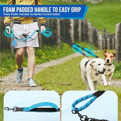SlowTon Double Leash for Two Dogs, No Tangle & with Two Handles, Blue L - Image 2