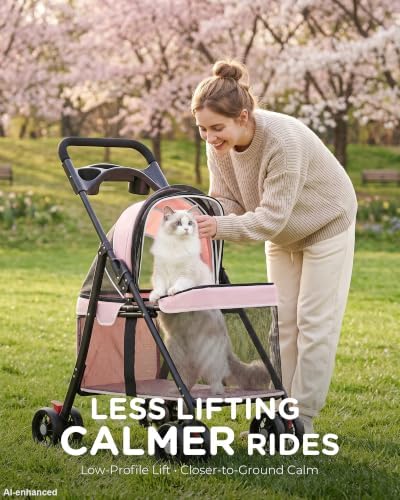 GTPLAYER Foldable Pet Stroller for Small Dogs and Cats, Holds Up to 33 lb, 4 Wheel, Full Mesh Ultra Breathable, Safety Tethers, Cup Holder & Poop Bags Included, Pink - Image 5