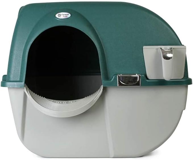Omega Paw Premium Roll 'N Clean Self Cleaning Litter Box with Integrated Litter Step and Unique Sifting Grill, Regular Size, Forest Green
