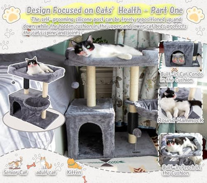 28.4" Small Cat Tree Tower,Cat Scratching Post for Indoor Cats,Featuring with Cat Cave & Cozy Perch,Cat Self Groomer and Interactive Dangling Ball Great for Kittens/Cats (Beige, Large) - Image 4