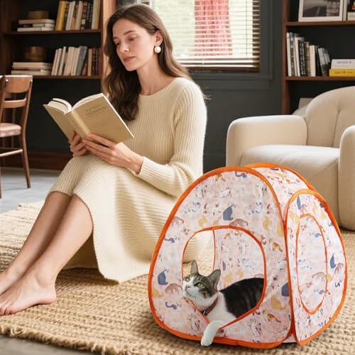 Andiker Cat Tent, 3 Holes Safe and Strong Cute Cats Tunnel Collapsible Easy to Carry Cat House for Indoor Cats Kittens Hiding Playing Training Sleeping (Tent Orange) - Image 6