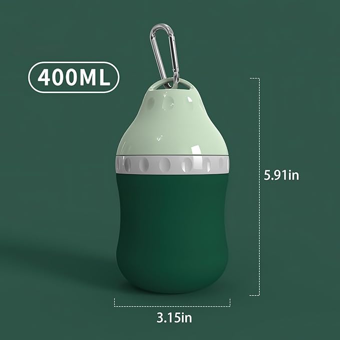 Dog Travel Water Bottle Detachable Bowl Leak Proof Portable ，Silicone Bottle Body，Collapsible and Suitable for Small Pets for Outdoor Walking, Hiking, Travel (Green, 400 ml)