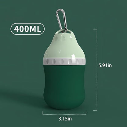 Dog Travel Water Bottle Detachable Bowl Leak Proof Portable ，Silicone Bottle Body，Collapsible and Suitable for Small Pets for Outdoor Walking, Hiking, Travel (Green, 400 ml)