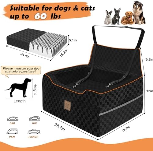 Large Dog Car Seat for Back Seat – Removable Dog Booster Seat & Washable Pet Car Seat for Medium & 2 Small Dogs up to 60lbs – Safety Straps & Storage Pocket – Travel & Home Use (Black) - Image 2